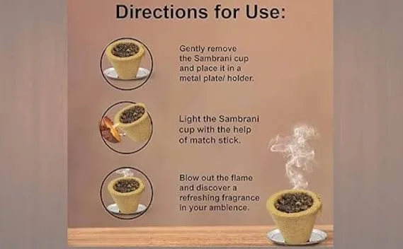 Directions for lighting and using a sambrani havan cup