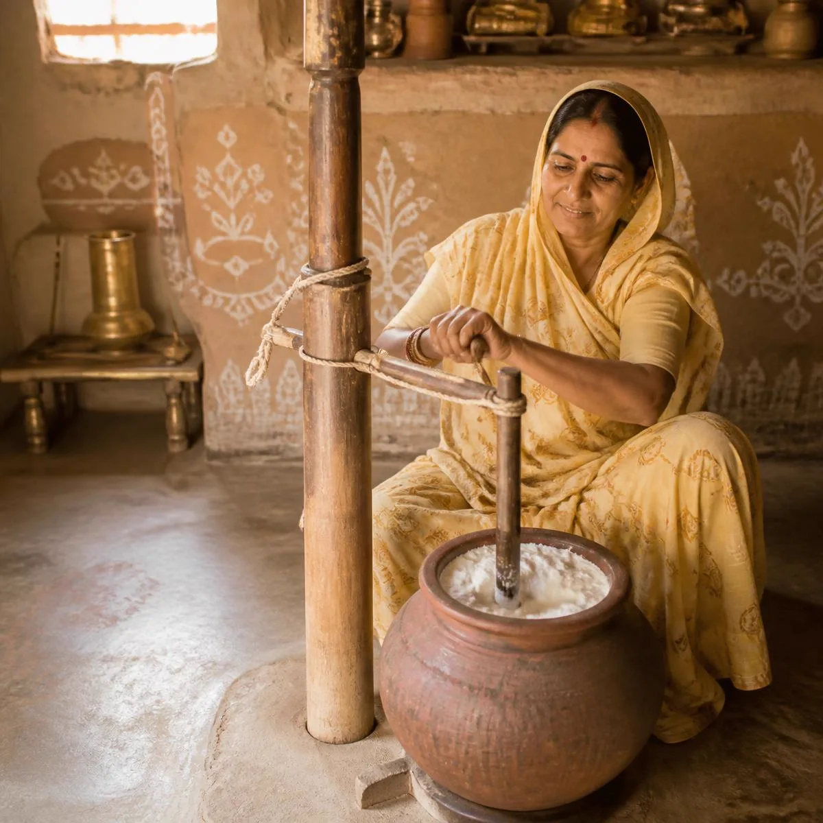 Traditional wooden bilona churning of curd in a clay pot