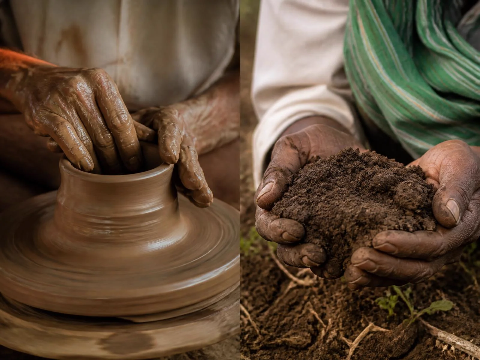 Artisan hands shaping clay beside a farmer holding rich organic soil